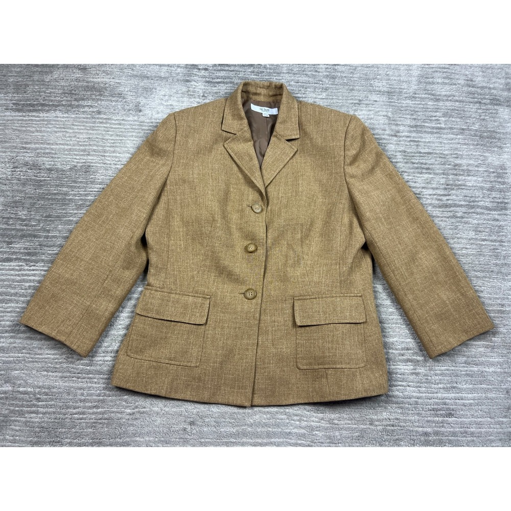 Le Suit Blazer Womens 14 Tan Essentials 3-Button Notched Lapel Split Cuff Pocket